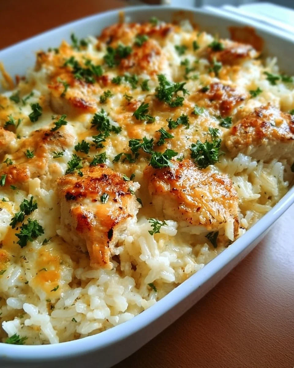 Delicious Angel Chicken Rice Casserole on a plate, creamy and inviting.