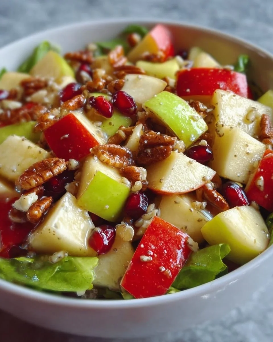 Fresh and colorful apple salad topped with nuts and dressing on a plate.