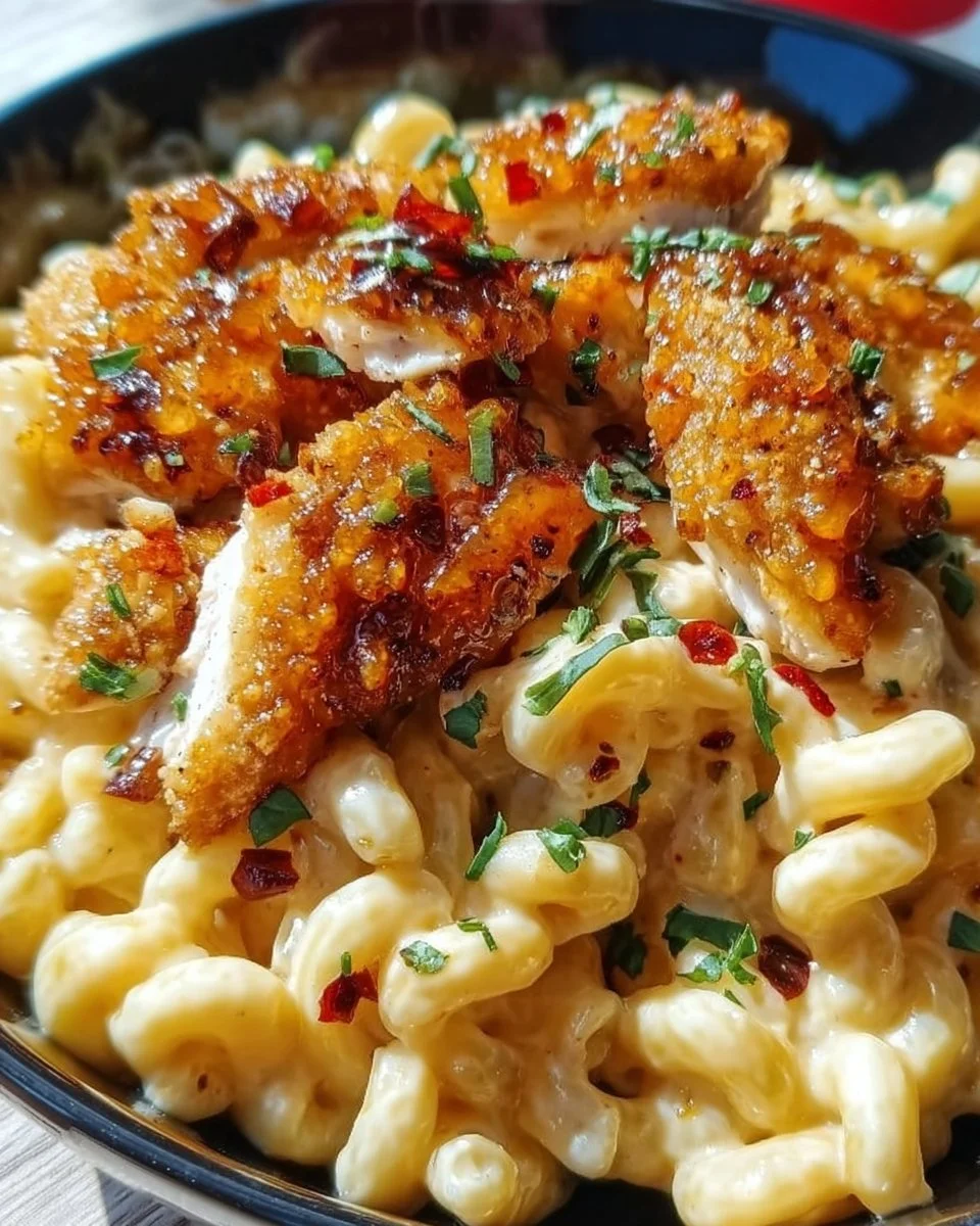 Delicious Honey Pepper Chicken Mac And Cheese ready to serve