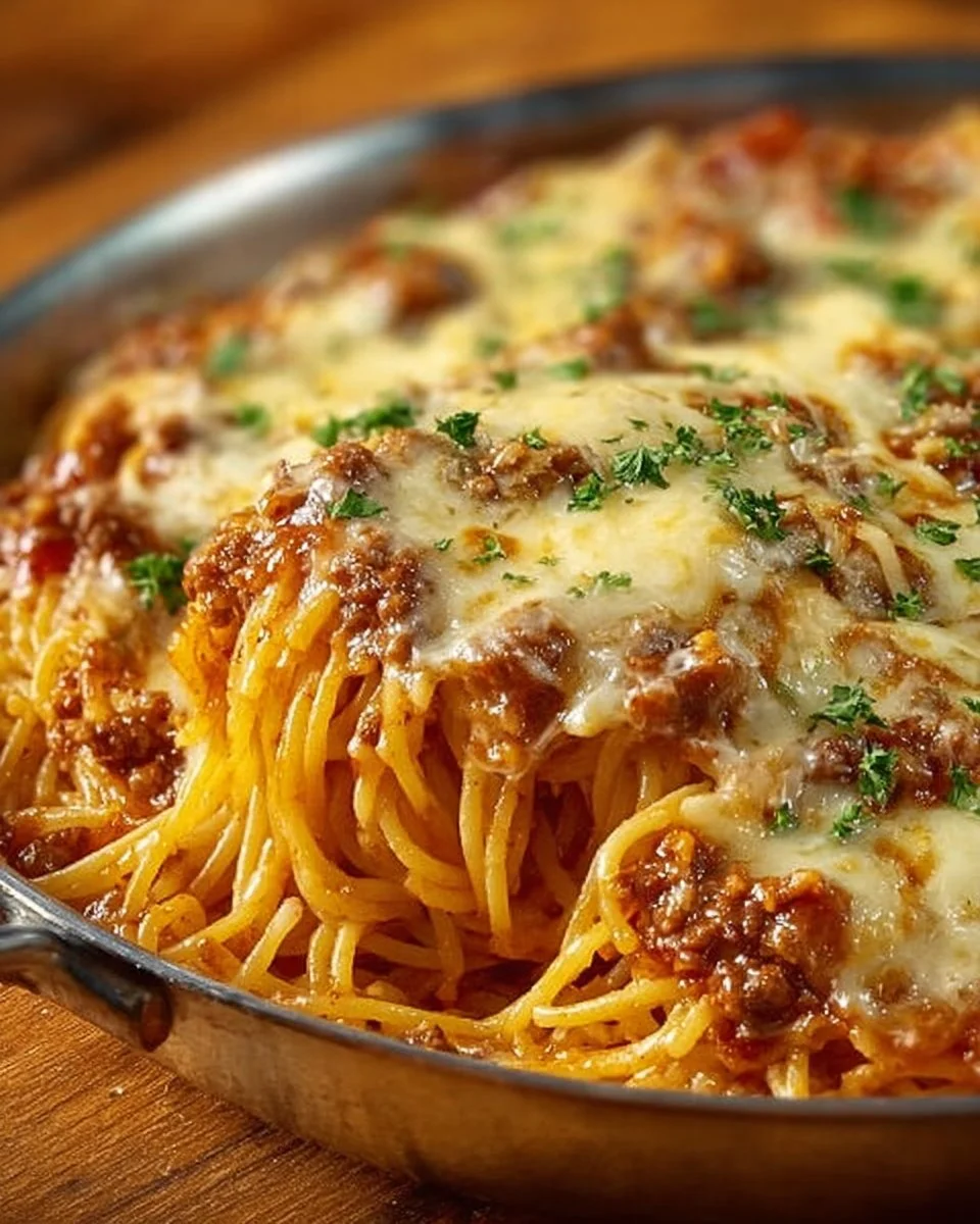 Baked cream cheese spaghetti served in a dish, garnished with herbs.