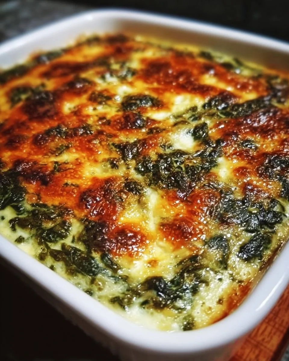 Delicious baked spinach casserole served in a baking dish