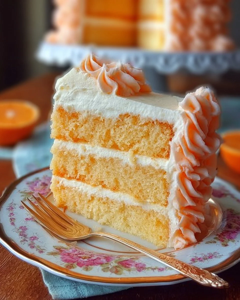 Delicious slice of homemade Orange Creamsicle Cake with creamy frosting