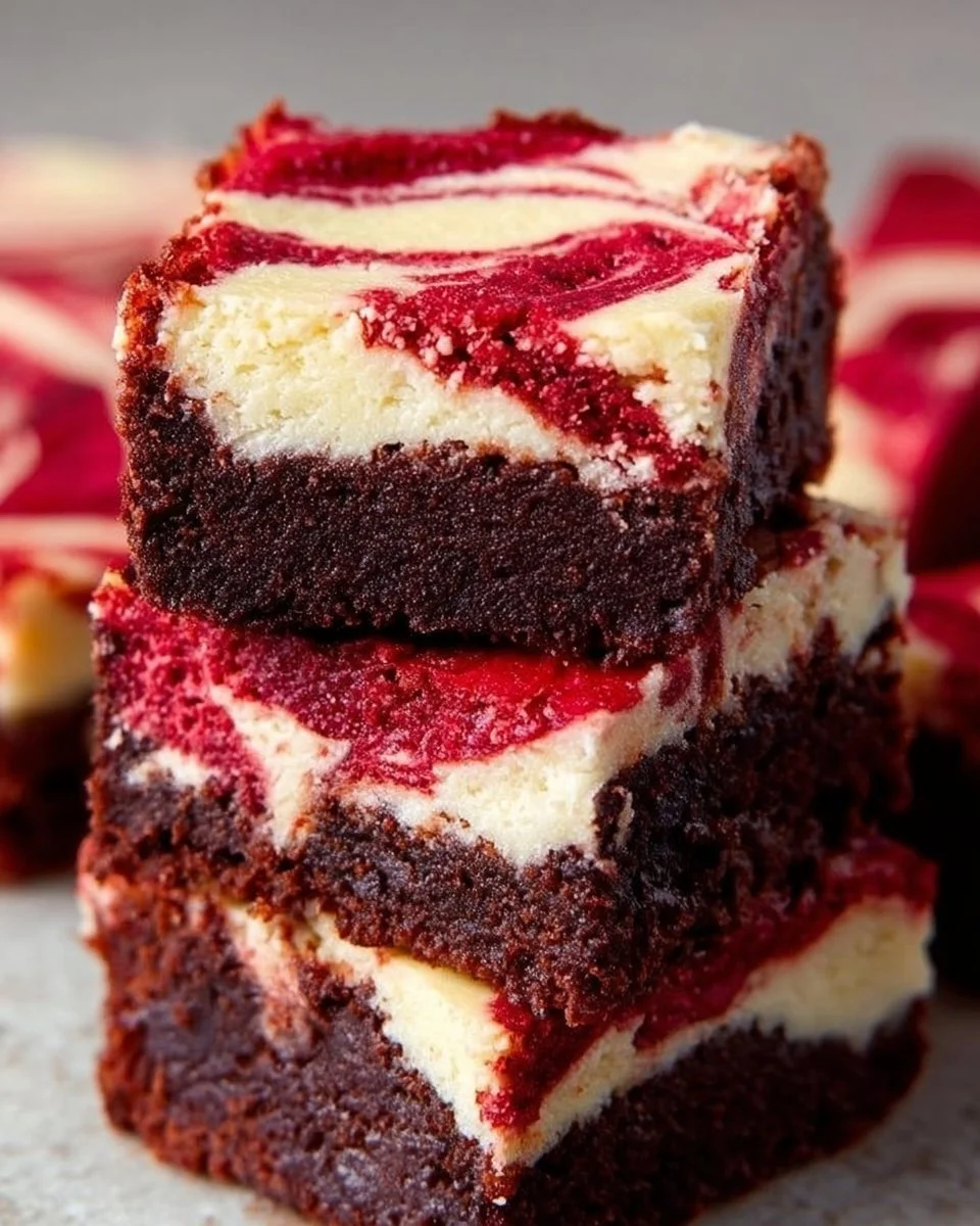 Delicious red velvet brownies with a rich cheesecake swirl on a white plate.