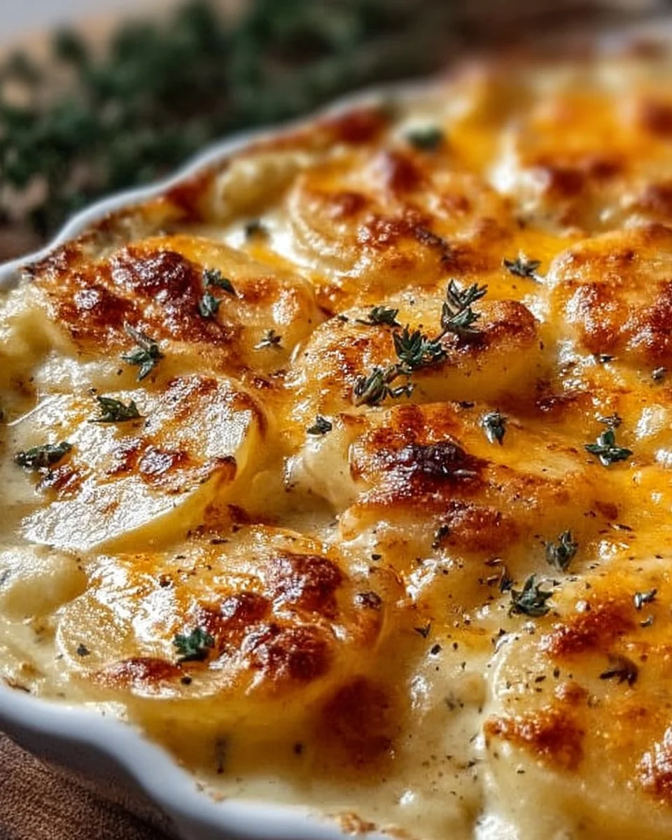 Creamy scalloped potatoes baked to perfection, ideal comfort food dish.