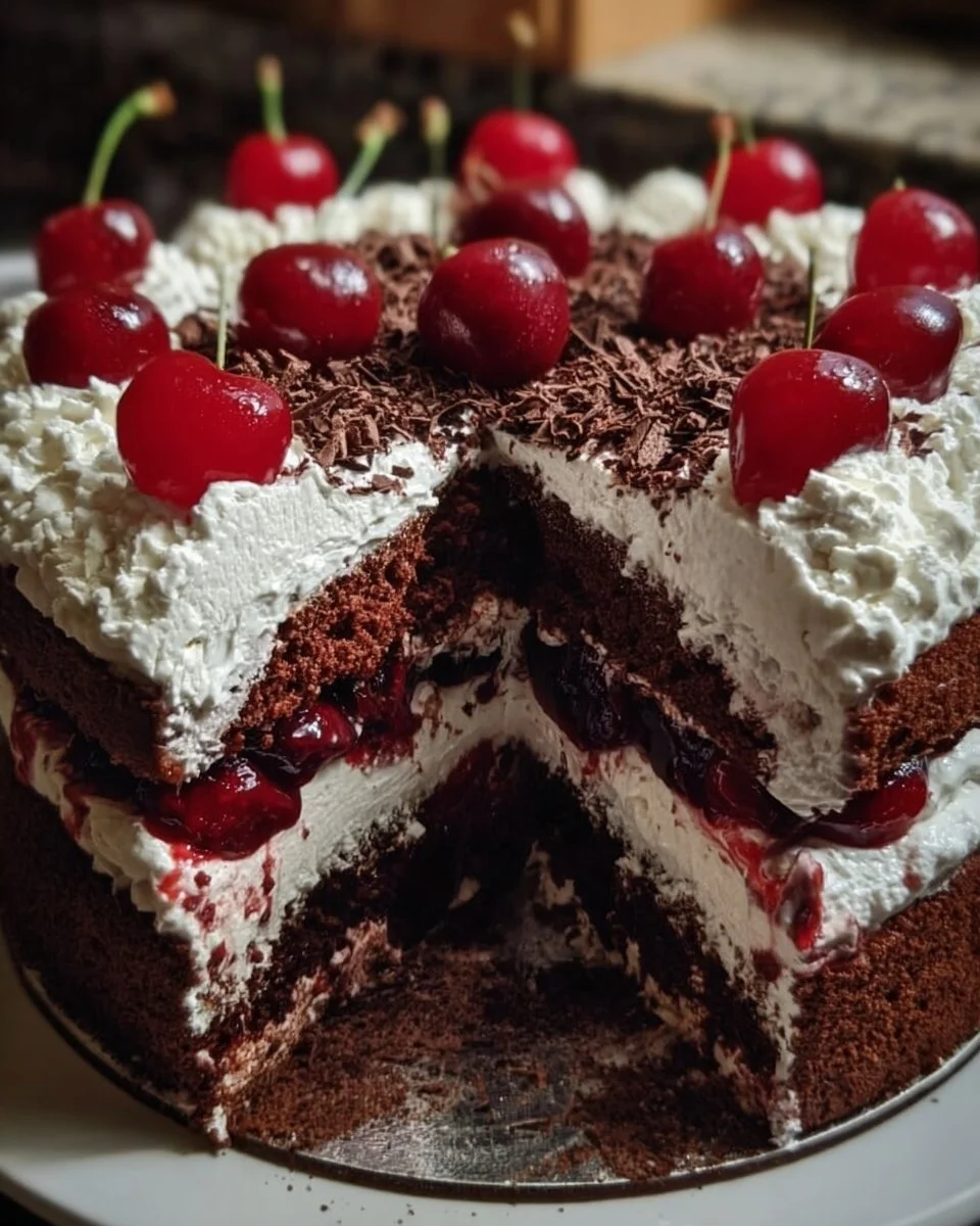 A delicious slice of Black Forest Cherry Cake garnished with cherries and chocolate shavings