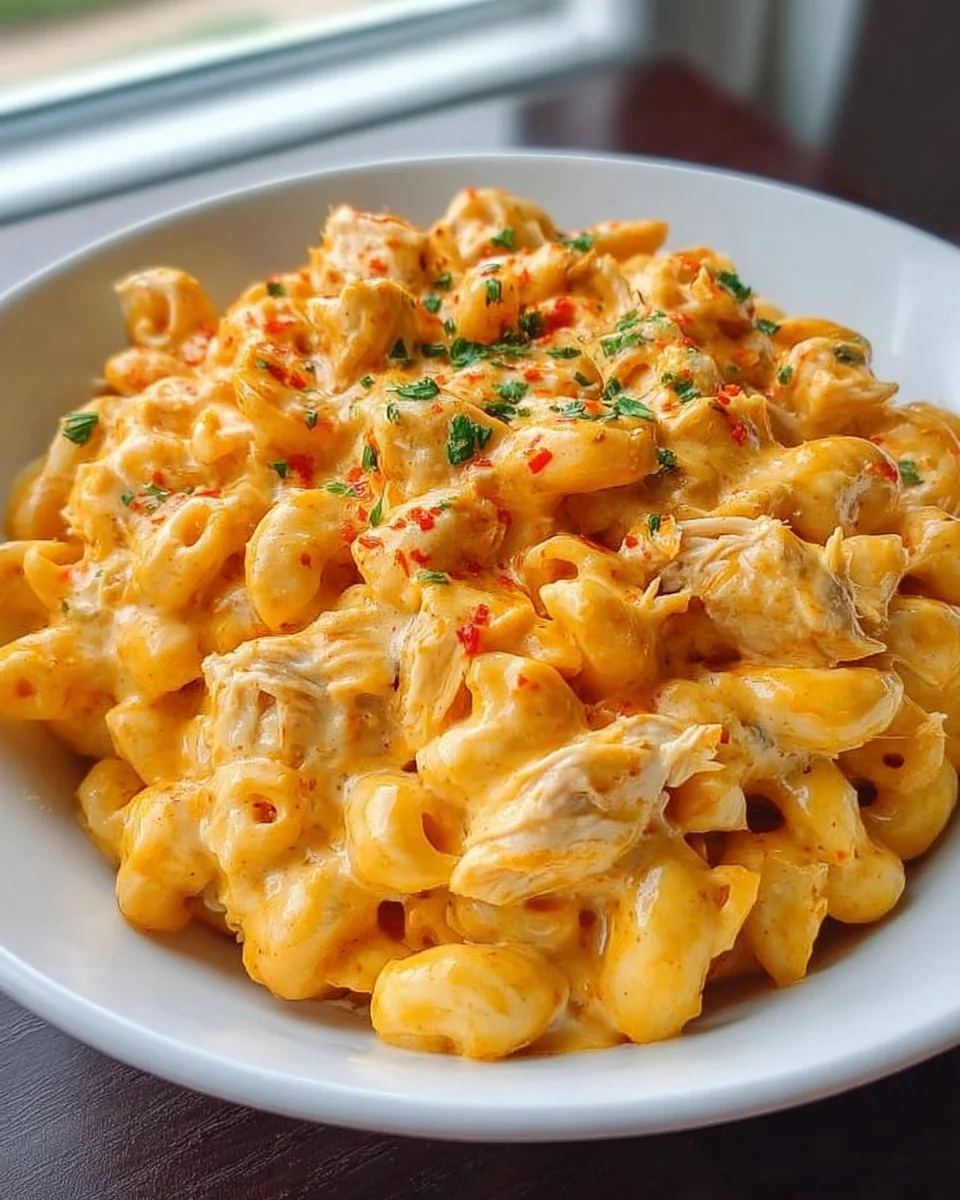 Delicious Buffalo Chicken Mac and Cheese served in a bowl with a spicy sauce