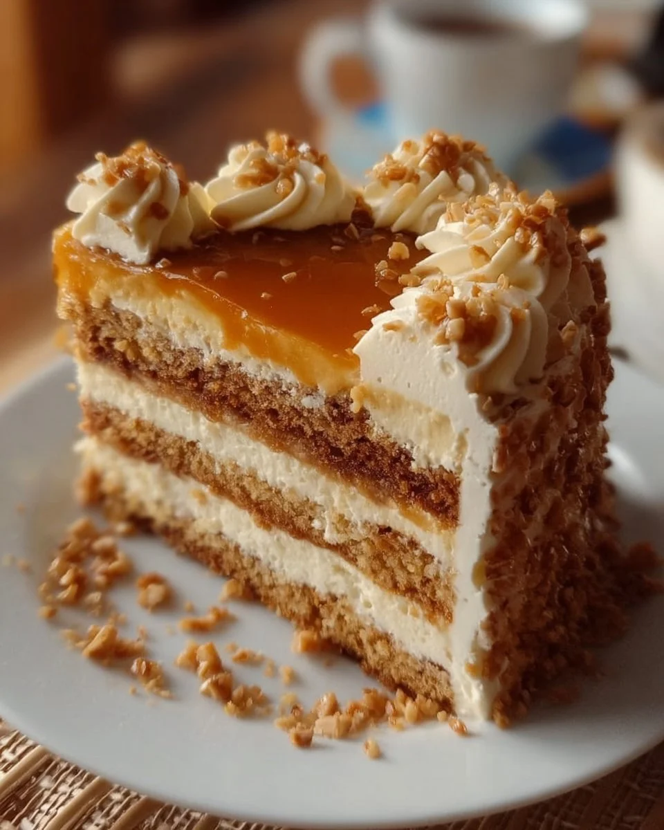 Delicious slice of Butterscotch Crunch Cake topped with crunchy butterscotch bits