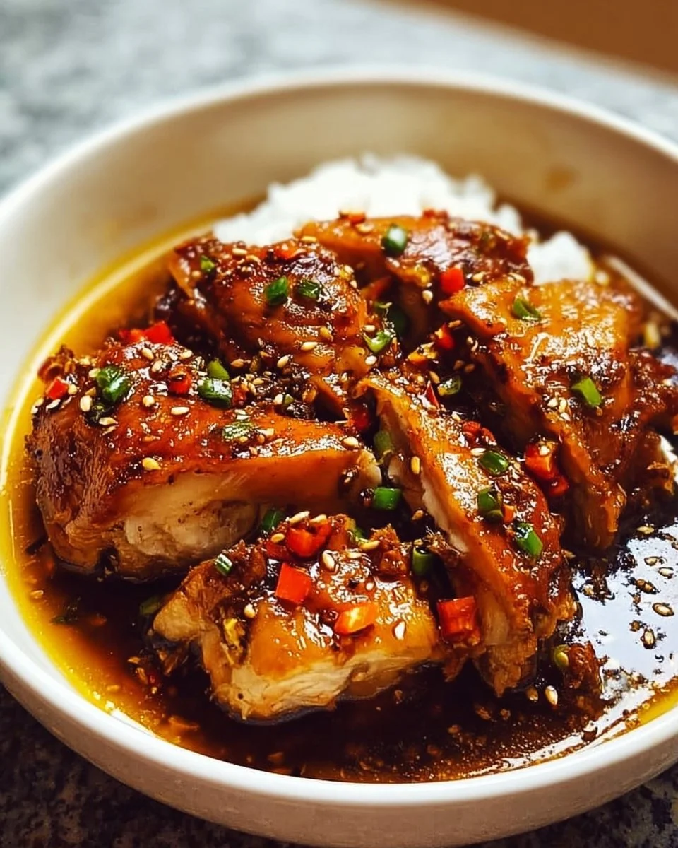 Caramelised soy chicken served in savory garlic ginger broth