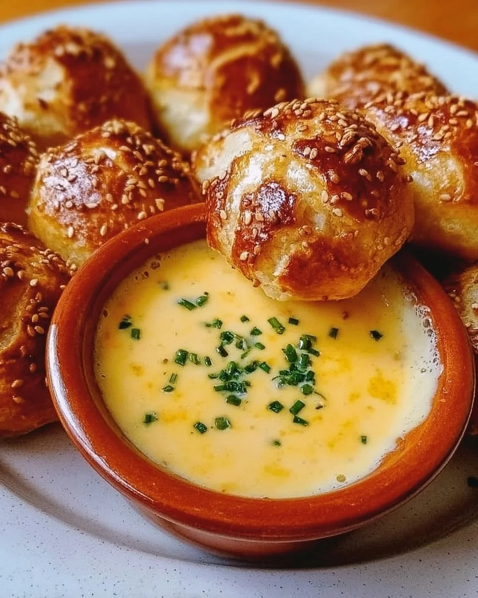 Creamy cheddar cheese sauce served with soft pretzel bites