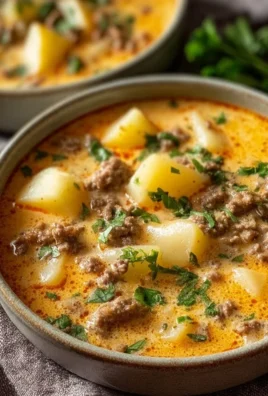 Bowl of cheesy Cheese Burger Soup topped with fresh ingredients.