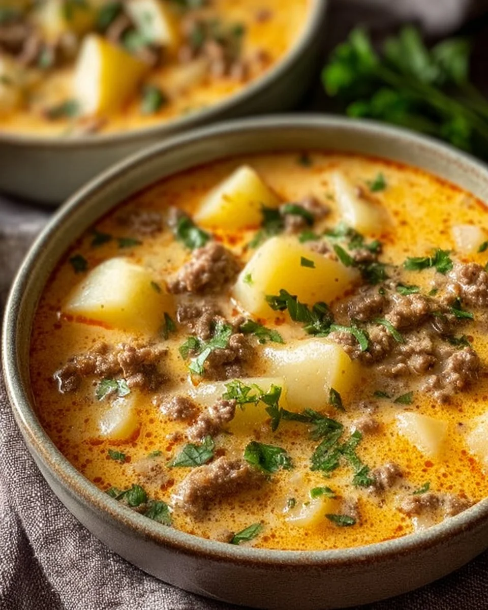 Bowl of cheesy Cheese Burger Soup topped with fresh ingredients.