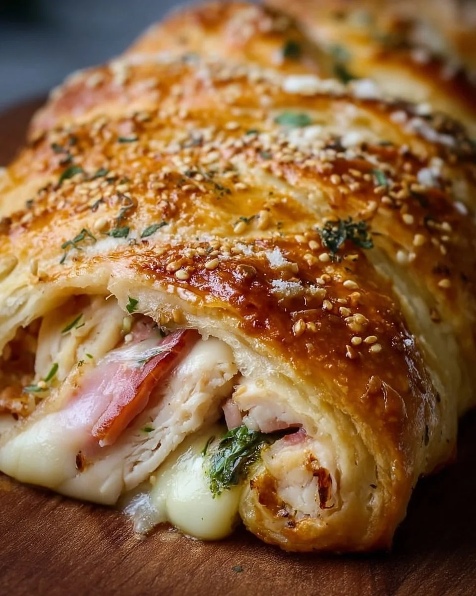Delicious Chicken Cordon Bleu Stromboli with melted cheese and ham