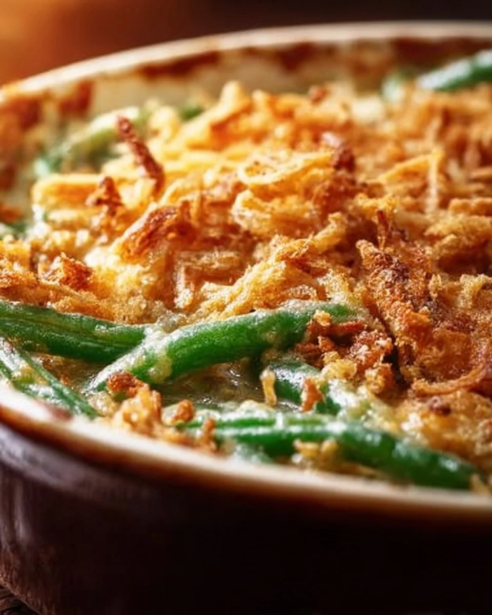 A classic green bean casserole topped with crispy onions and served in a baking dish.