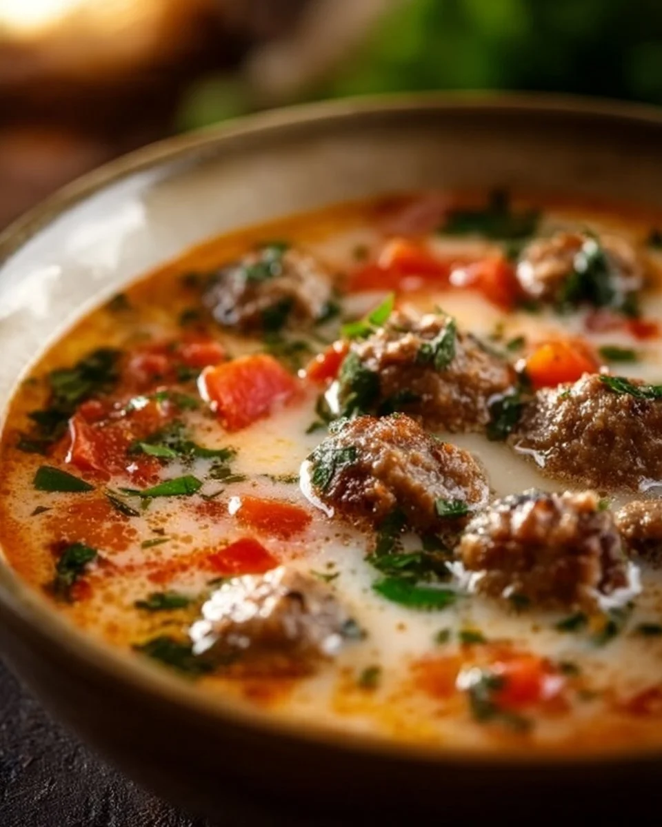 Bowl of comforting creamy Italian sausage soup garnished with herbs and parmesan