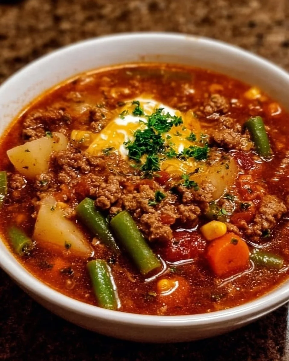 Bowl of hearty Cowboy Soup with beans, corn, and spices
