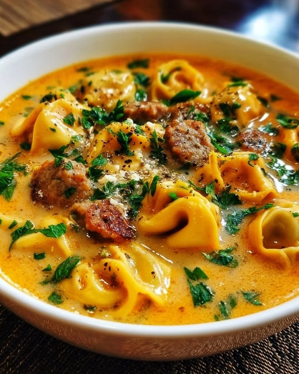 Creamy butternut squash soup with sausage and tortellini in a bowl