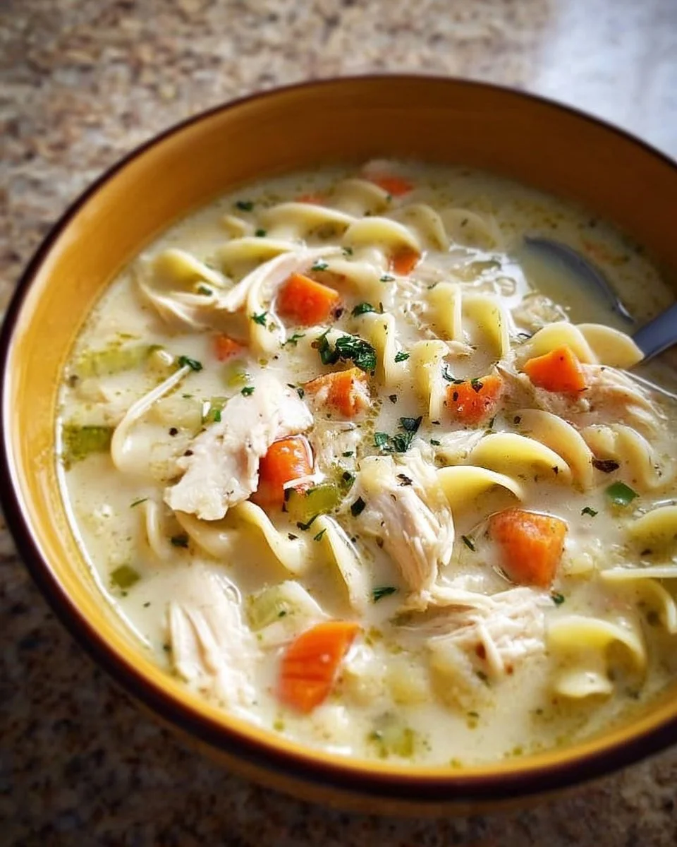 Delicious creamy chicken noodle soup in a bowl with ingredients around it