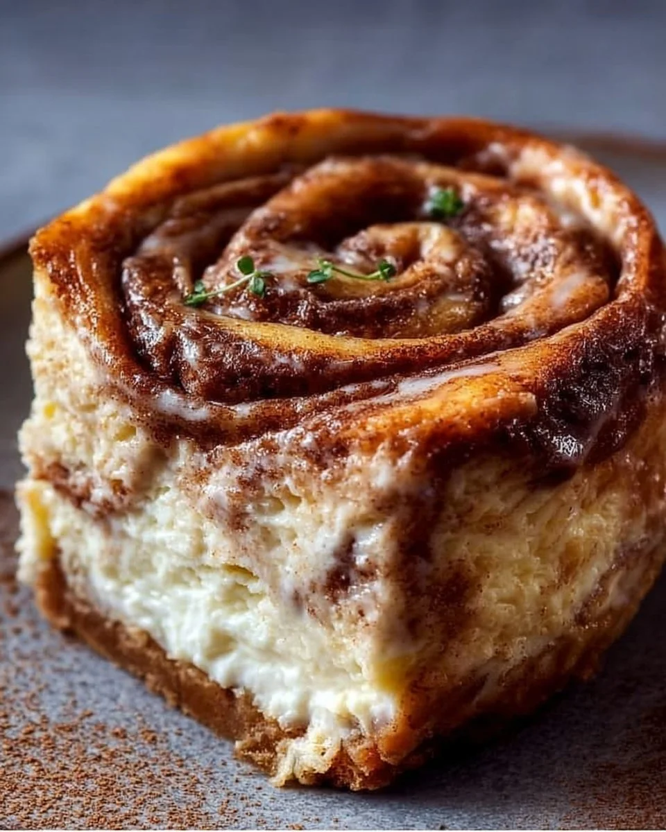 Creamy Cinnamon Roll Cheesecake with swirls of cinnamon and topping