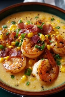 Creamy corn bisque served with shrimp in a bowl