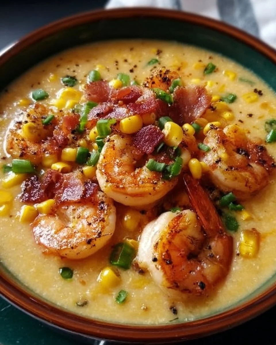 Creamy corn bisque served with shrimp in a bowl