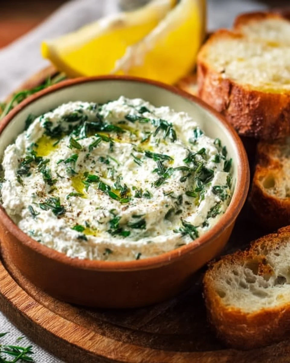 Creamy lemon feta spread topped with fresh herbs