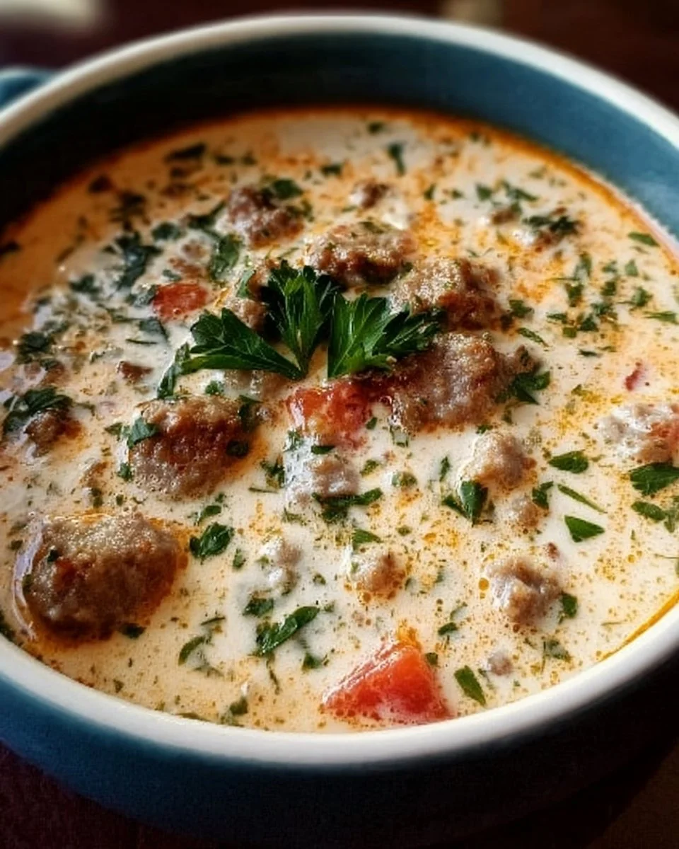Creamy Parmesan and Italian sausage soup in a bowl garnished with herbs