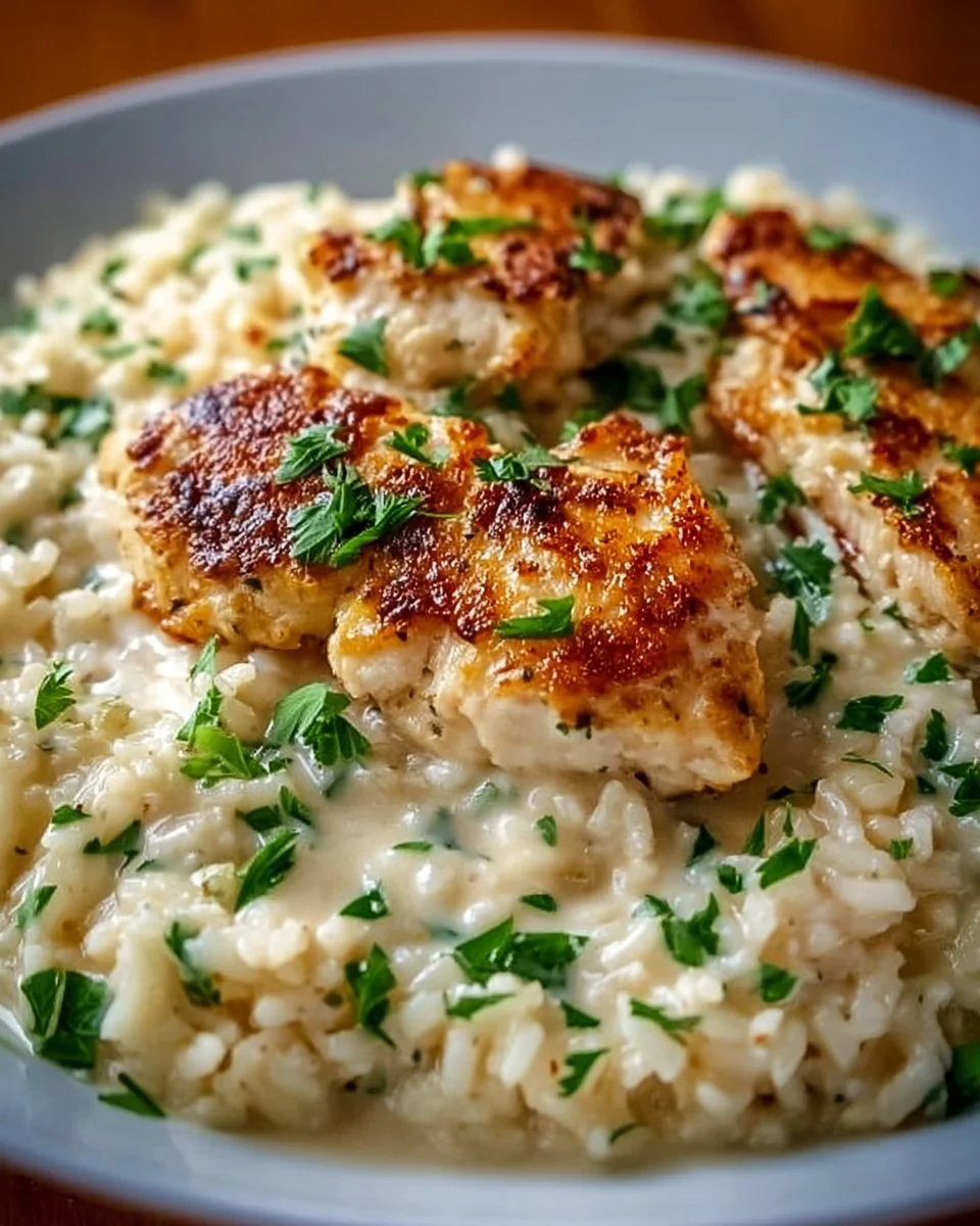 Creamy Parmesan chicken served with rice on a white plate