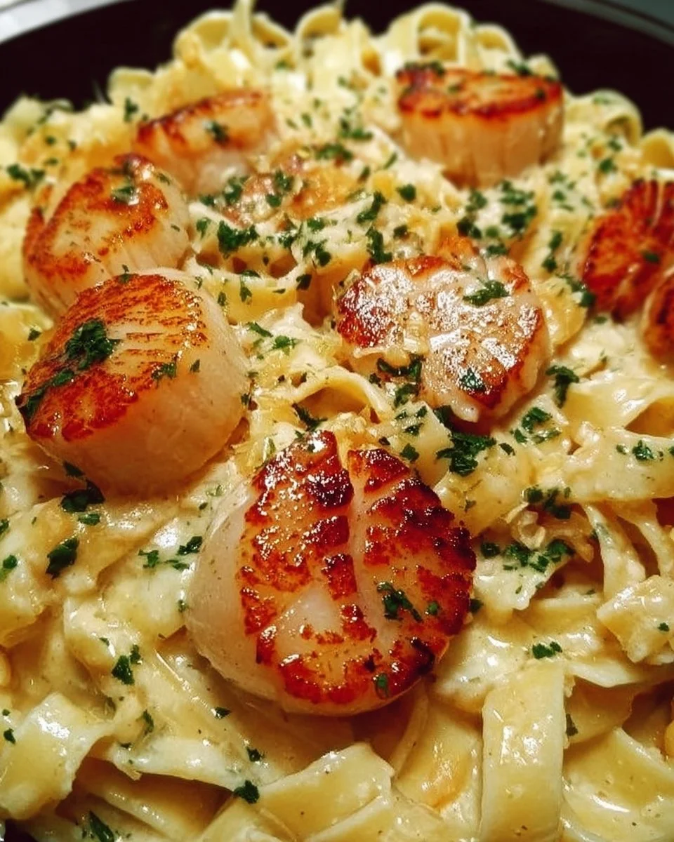 Creamy scallop pasta dish with fresh scallops, herbs, and sauce