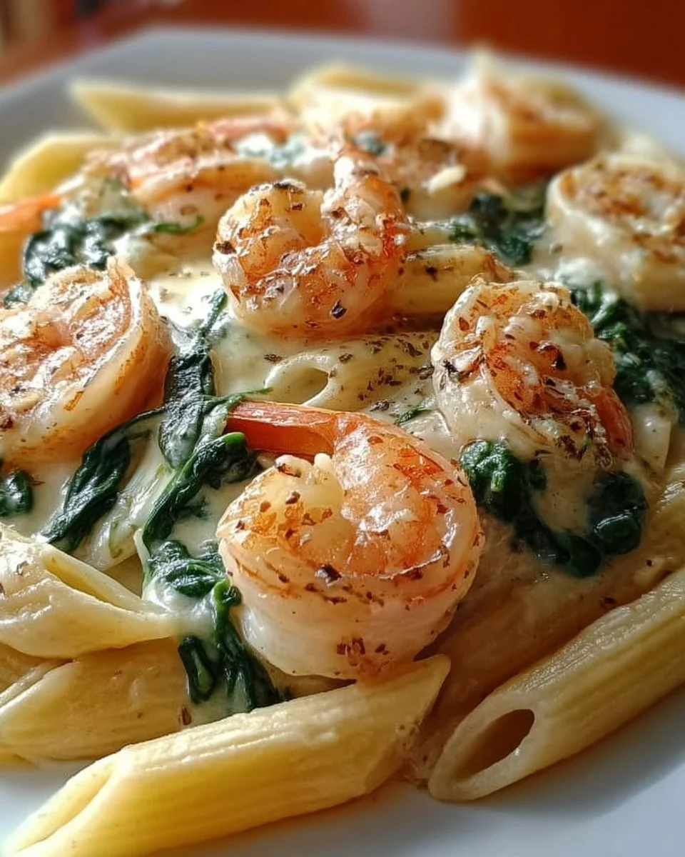 Creamy shrimp penne pasta with spinach served in a bowl