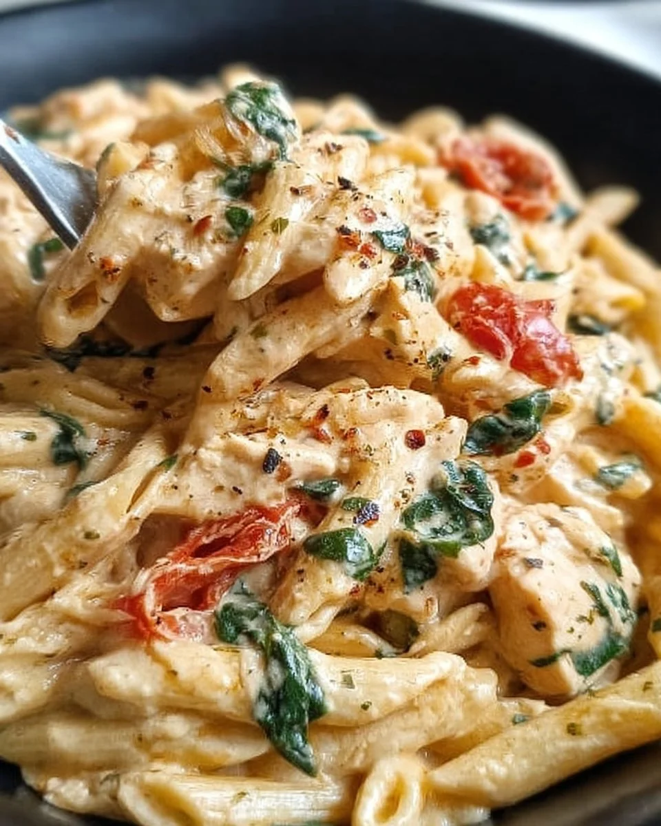 Creamy Tuscan chicken pasta dish garnished with fresh basil and cherry tomatoes