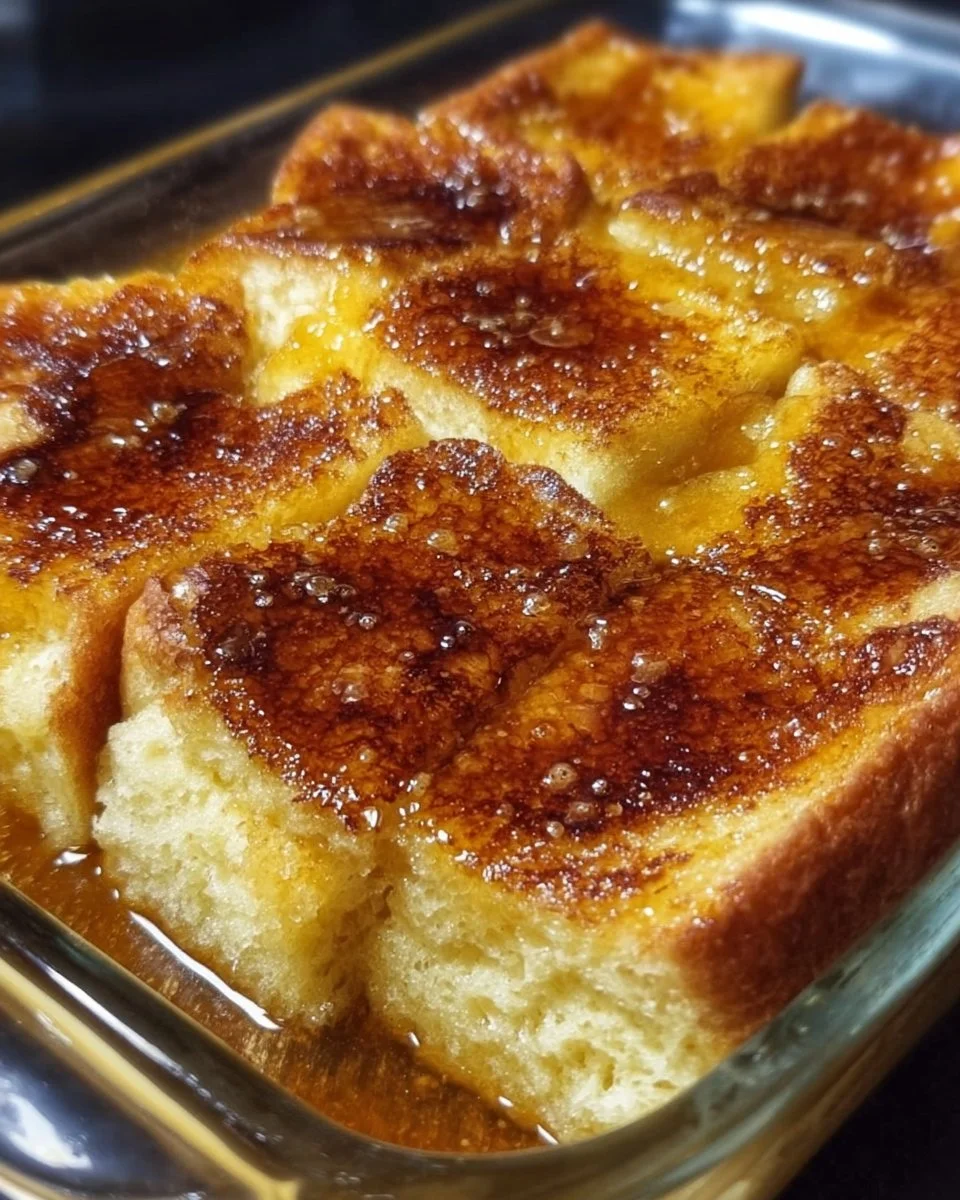 Delicious Crème Brûlée French Toast casserole served on a plate with caramelized sugar topping.