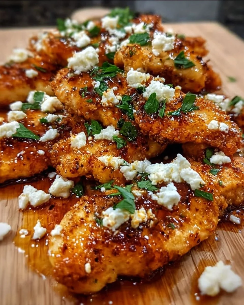 Crispy hot honey feta chicken garnished with herbs