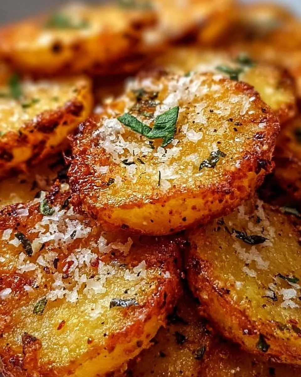 Crispy Parmesan Potato Rounds garnished with herbs on a platter