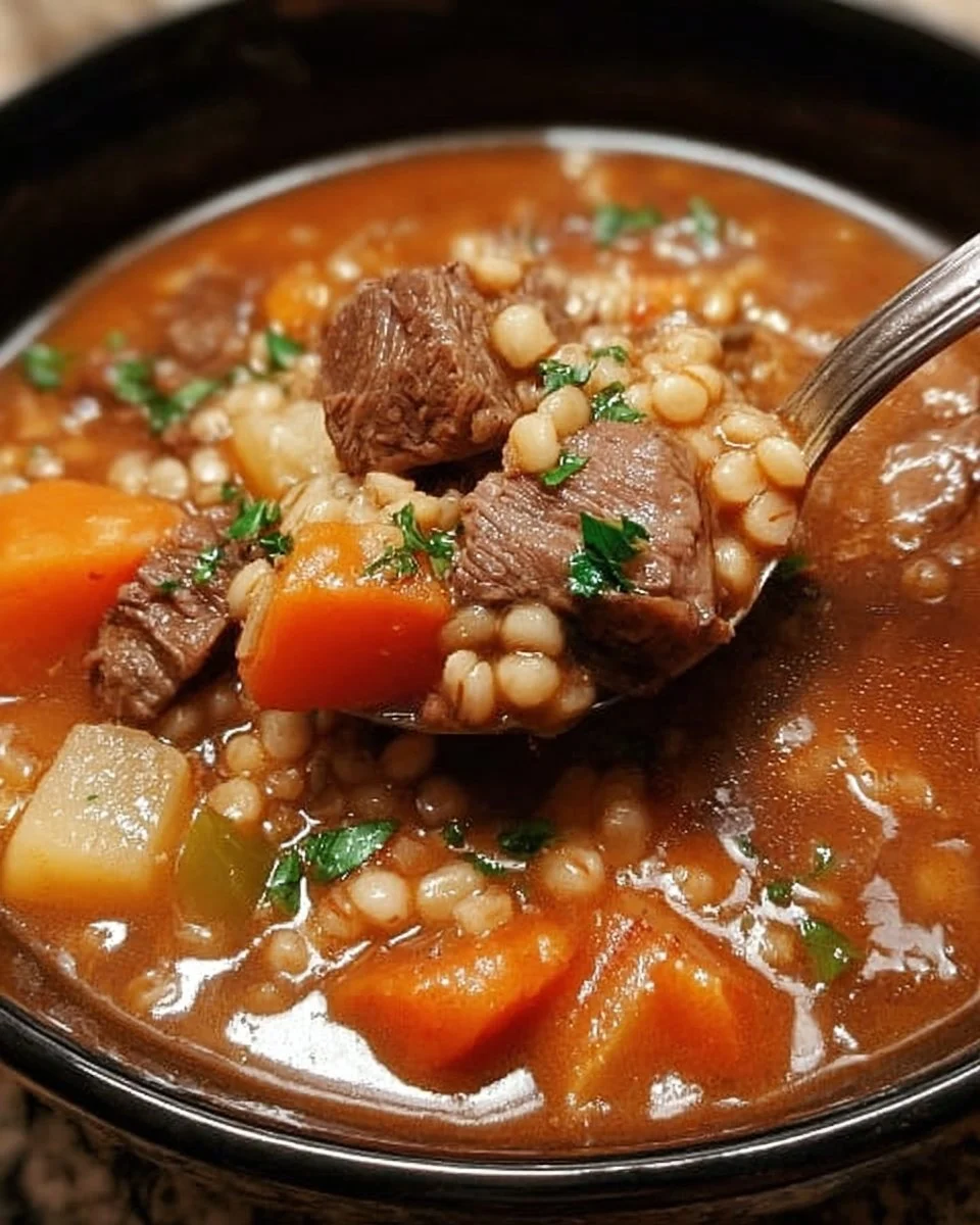 Crockpot beef and barley soup garnished with herbs in a bowl