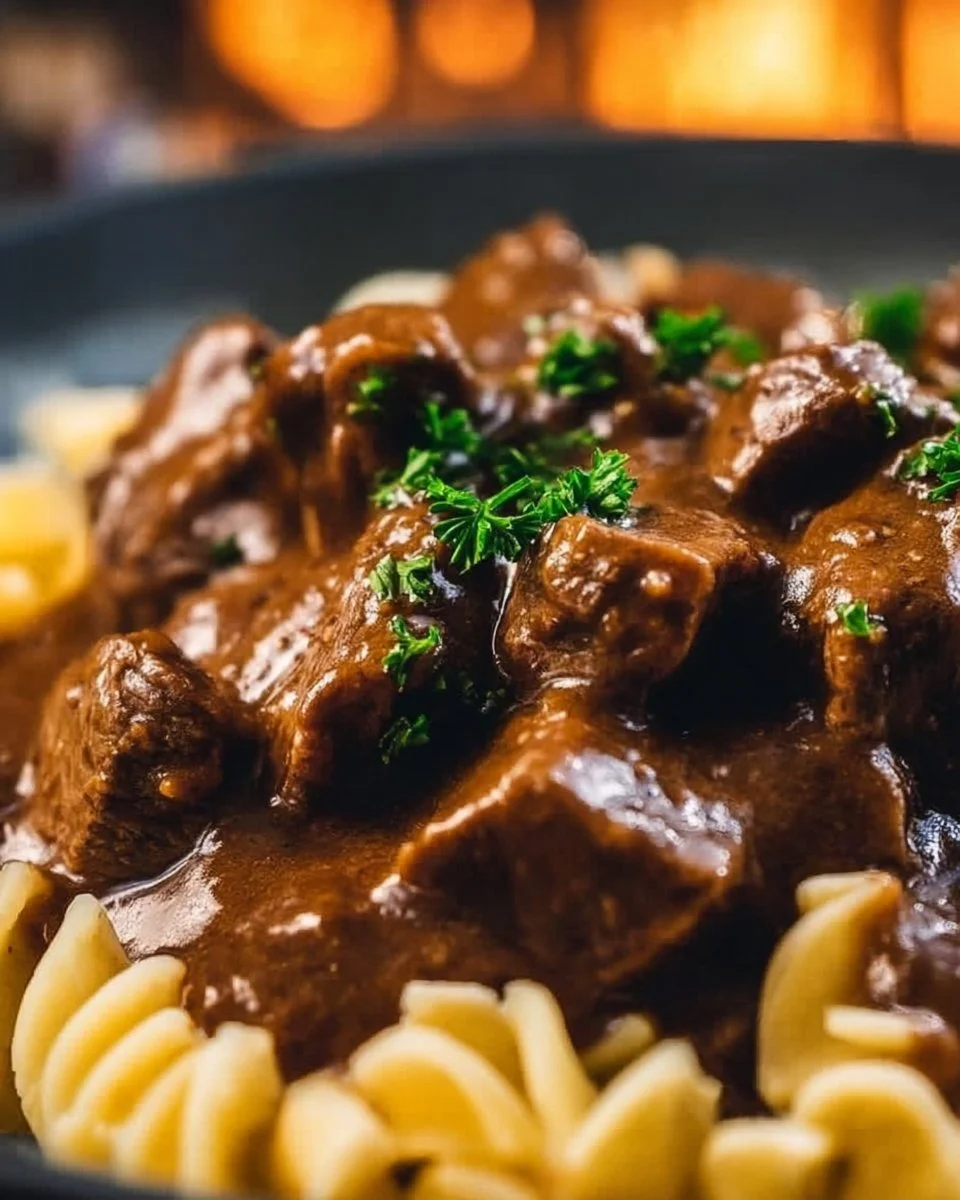 Delicious Crockpot beef tips and noodles served in a bowl with herbs.