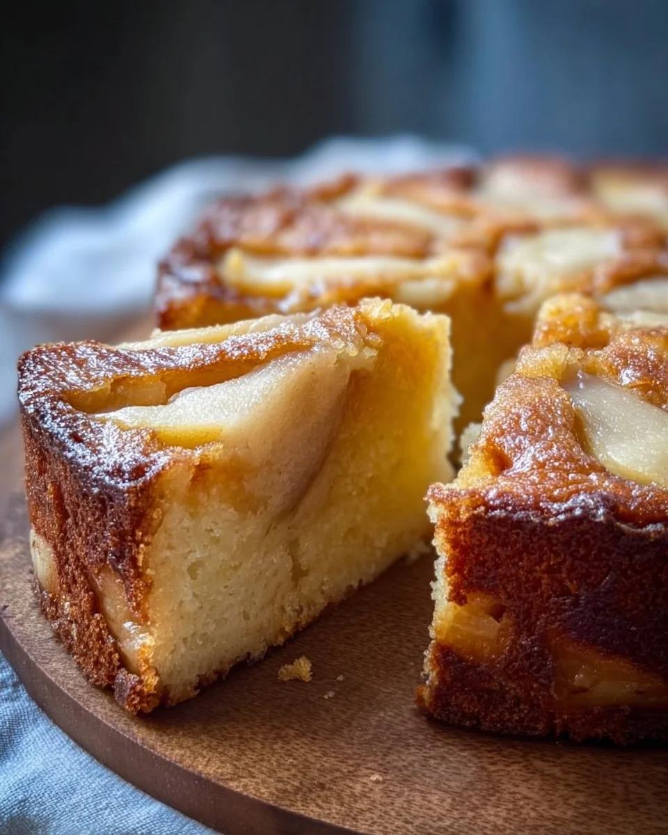 Decadent pear cake topped with fresh slices and a dusting of powdered sugar
