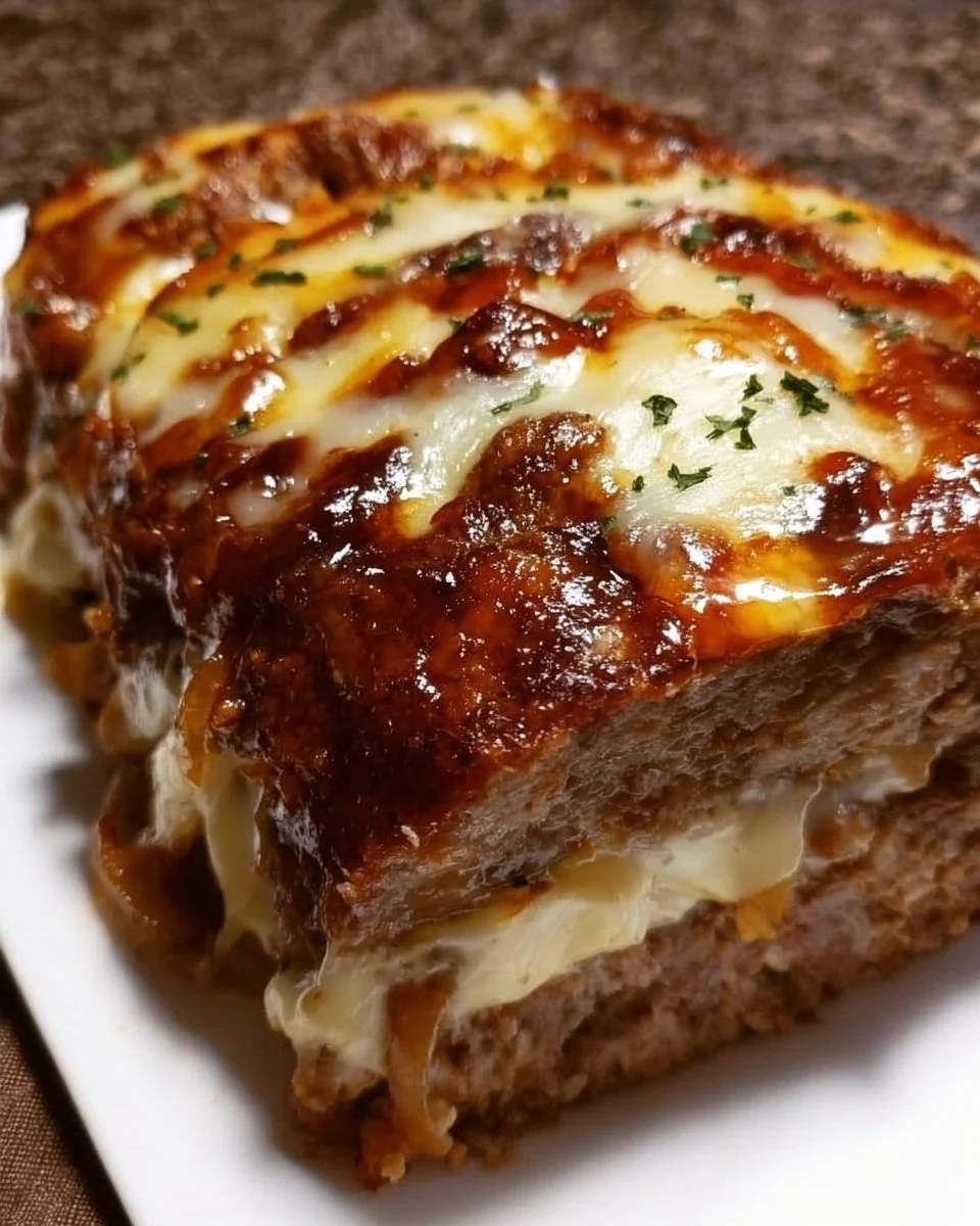 Delicious French onion soup meatloaf topped with melted Swiss cheese