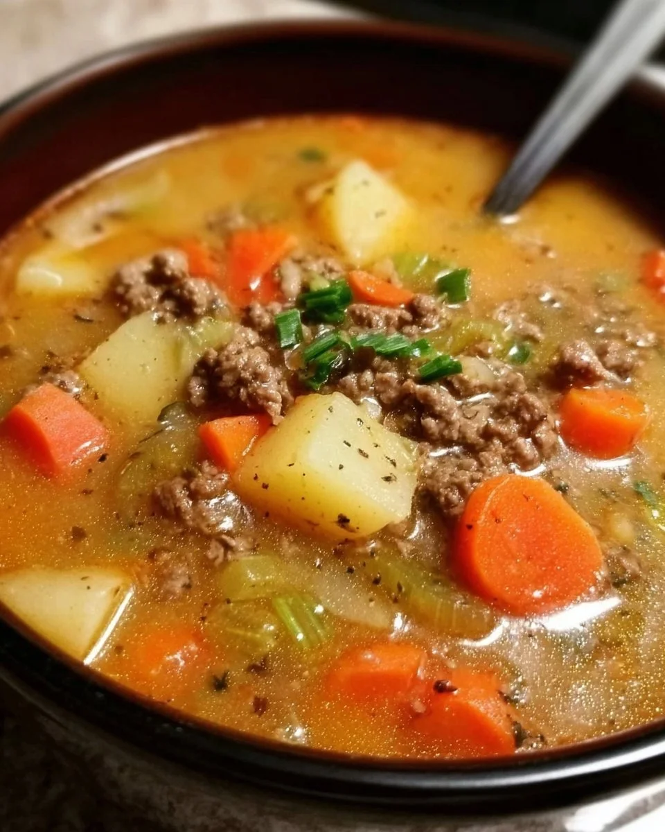A bowl of delicious hamburger soup with vegetables and ground beef.