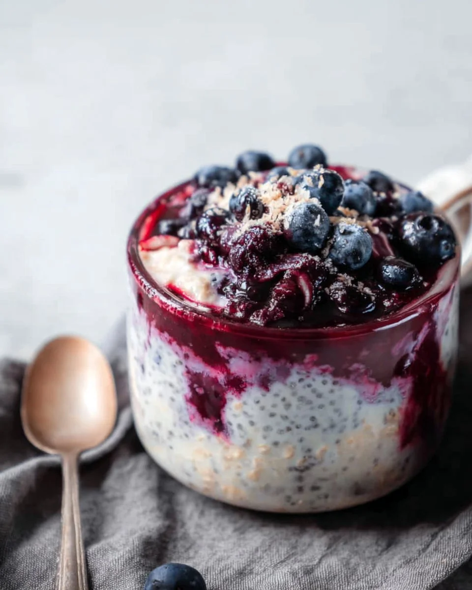 Bowl of dreamy blueberry cheesecake oats topped with fresh blueberries and cream.