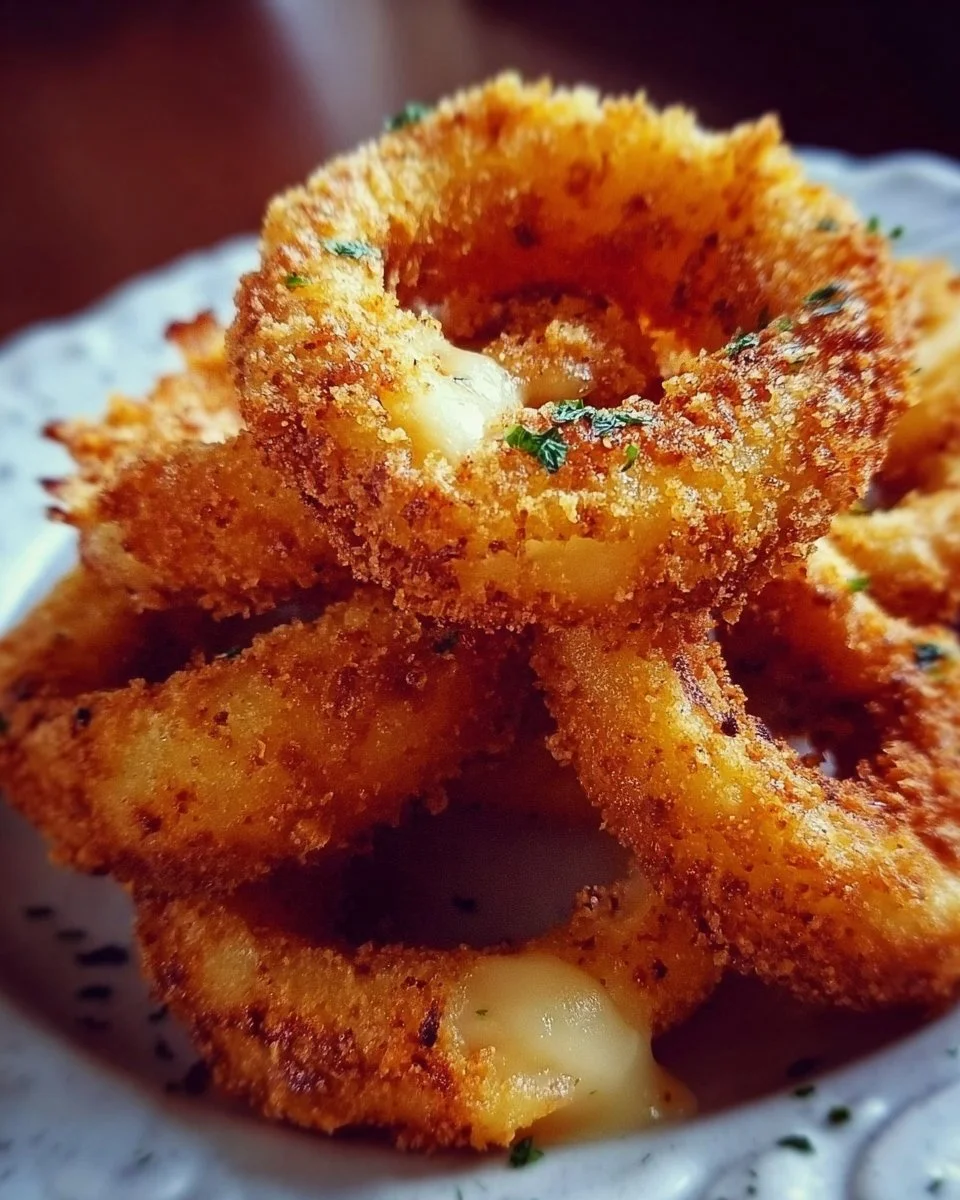 Crispy easy cheesy onion rings served on a plate