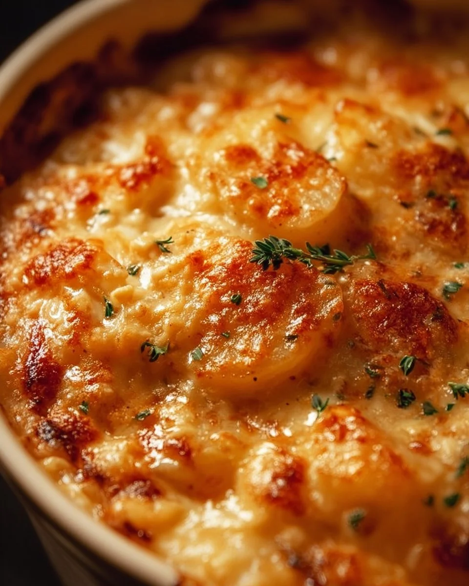 Delicious plate of easy cheesy potatoes baked to perfection.