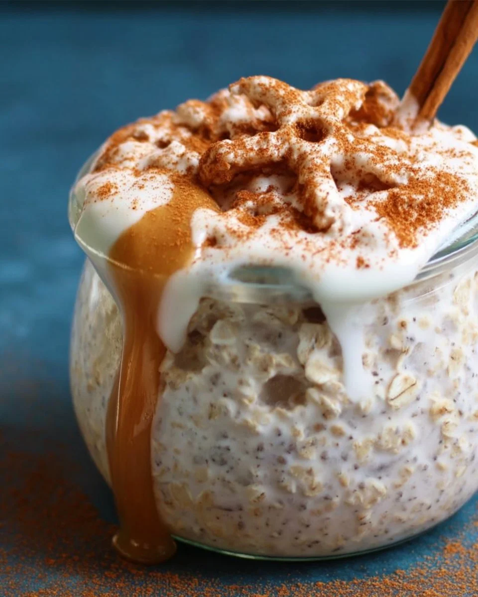 Bowl of easy cinnamon roll overnight oats with spices and toppings