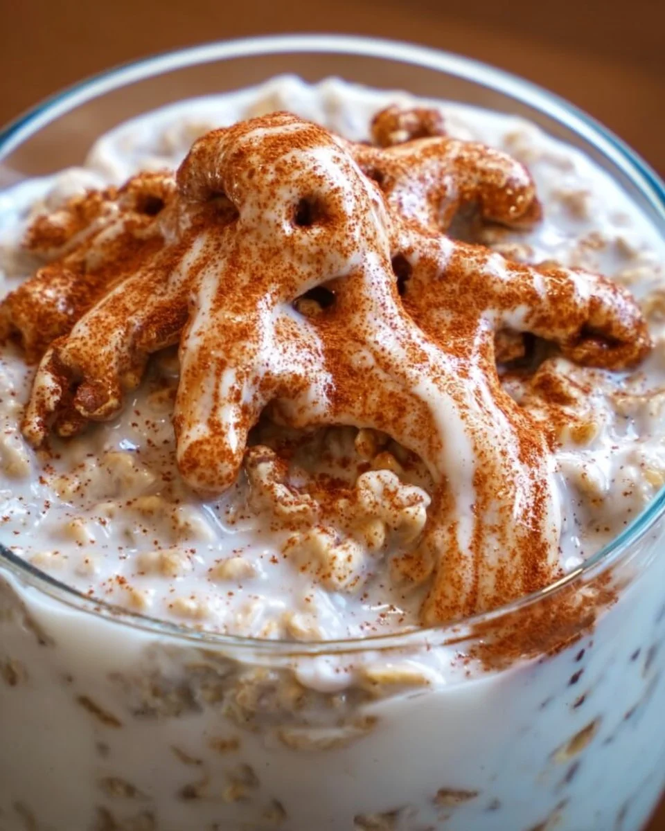 Bowl of easy cinnamon roll overnight oats topped with walnuts and cinnamon