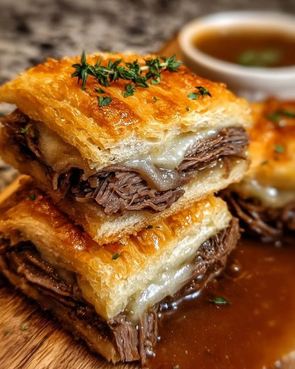 Easy French Dip Squares served with au jus for dipping