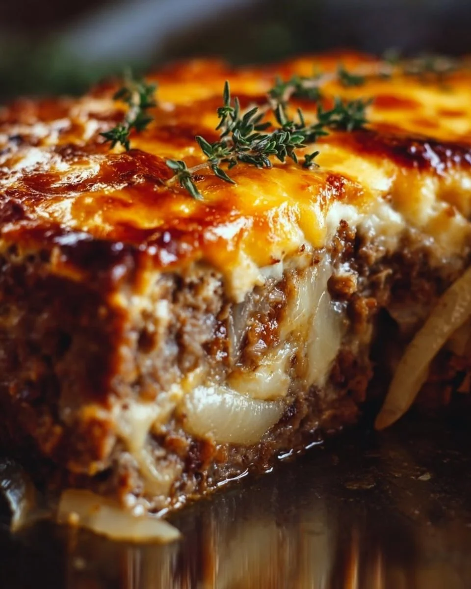 Delicious and hearty easy French Onion Meatloaf served on a plate