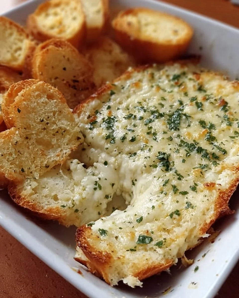 Creamy easy garlic bread dip served with crispy bread slices
