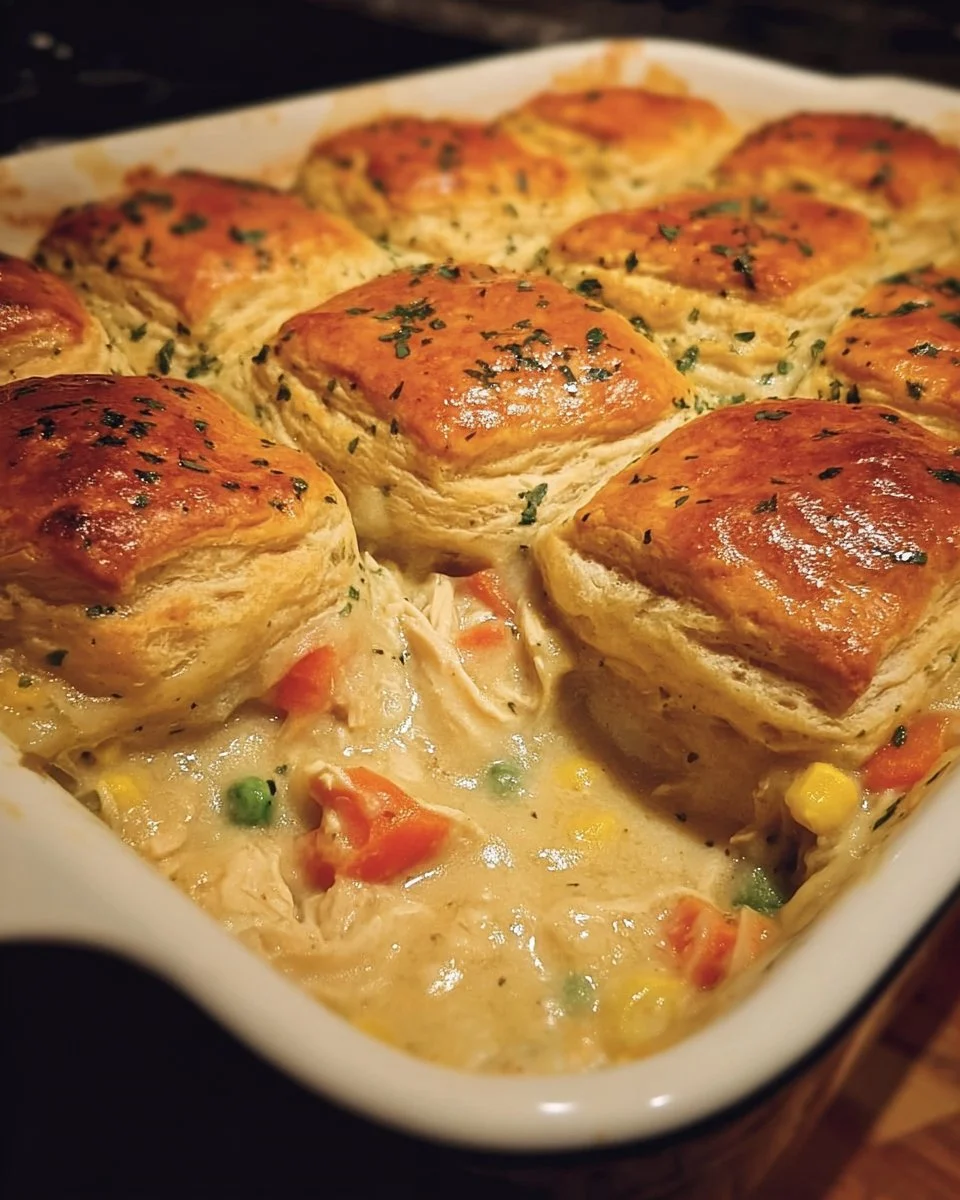 Delicious homemade chicken pot pie casserole served in a baking dish