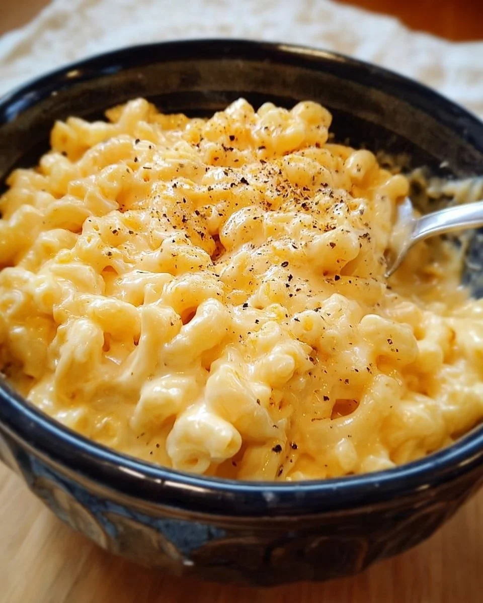 Delicious one-pot crockpot mac and cheese ready to serve.