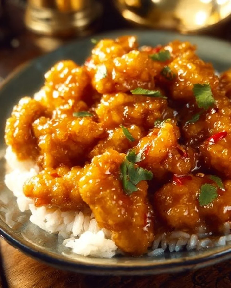 Plate of easy orange chicken topped with sesame seeds and green onions