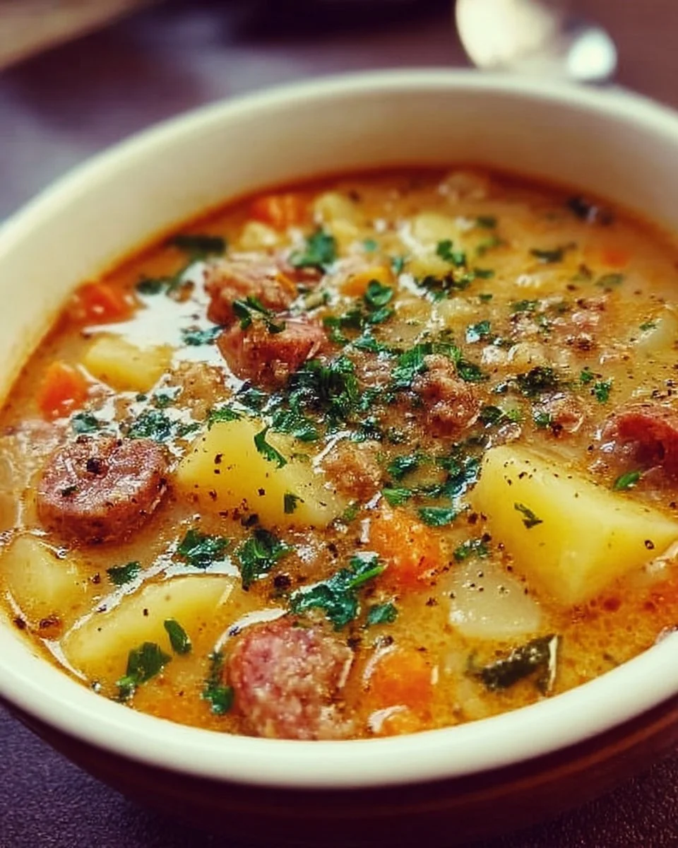 Bowl of easy sausage potato soup garnished with herbs